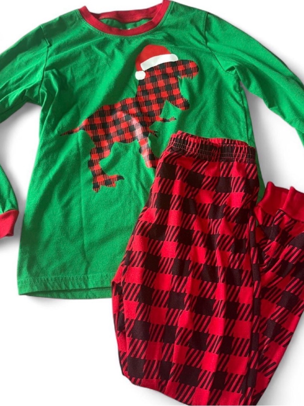 Kids Green & Red Plaid Dinosaur Pajama Set